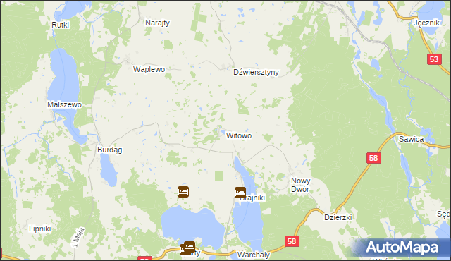 mapa Witowo gmina Jedwabno, Witowo gmina Jedwabno na mapie Targeo