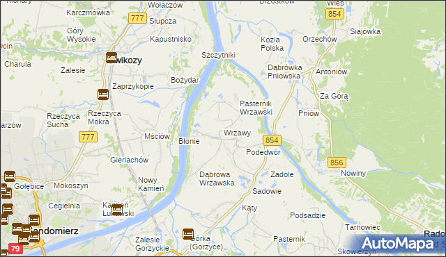 mapa Wrzawy gmina Gorzyce, Wrzawy gmina Gorzyce na mapie Targeo