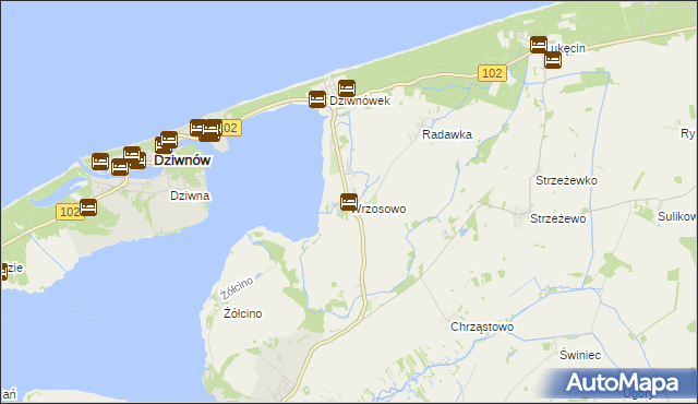 mapa Wrzosowo gmina Kamień Pomorski, Wrzosowo gmina Kamień Pomorski na mapie Targeo