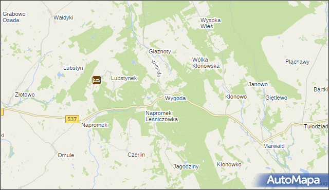 mapa Wygoda gmina Ostróda, Wygoda gmina Ostróda na mapie Targeo
