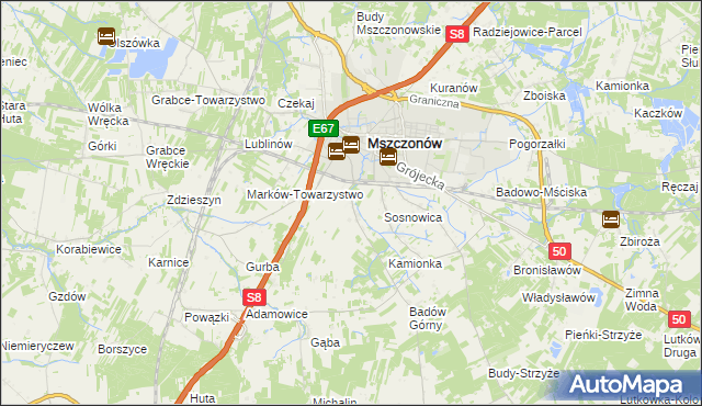 mapa Wymysłów gmina Mszczonów, Wymysłów gmina Mszczonów na mapie Targeo