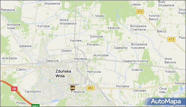 mapa Wymysłów gmina Zduńska Wola, Wymysłów gmina Zduńska Wola na mapie Targeo