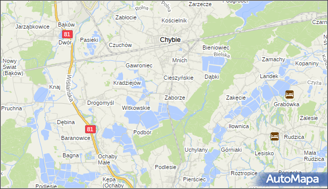 mapa Zaborze gmina Chybie, Zaborze gmina Chybie na mapie Targeo