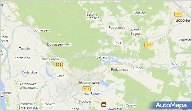 mapa Zakręty gmina Maciejowice, Zakręty gmina Maciejowice na mapie Targeo