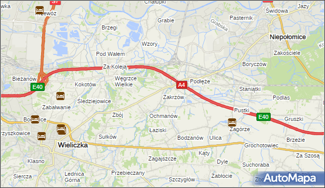 mapa Zakrzów gmina Niepołomice, Zakrzów gmina Niepołomice na mapie Targeo