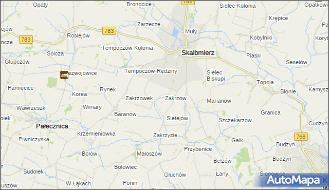mapa Zakrzów gmina Skalbmierz, Zakrzów gmina Skalbmierz na mapie Targeo