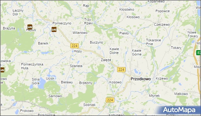 mapa Załęże gmina Przodkowo, Załęże gmina Przodkowo na mapie Targeo