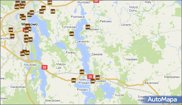 mapa Zawada gmina Mrągowo, Zawada gmina Mrągowo na mapie Targeo