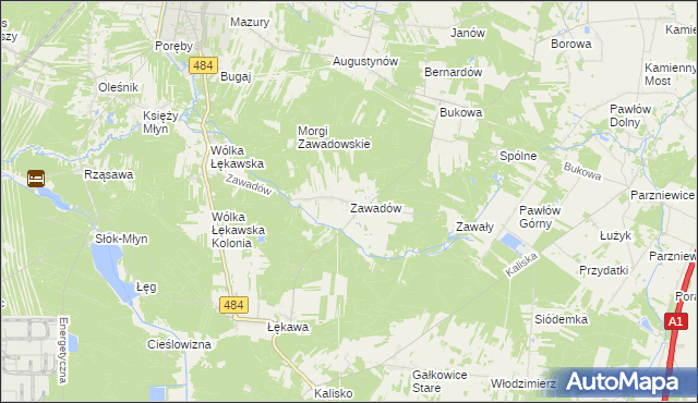 mapa Zawadów gmina Bełchatów, Zawadów gmina Bełchatów na mapie Targeo