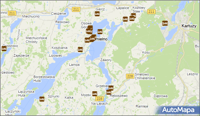 mapa Zawory gmina Chmielno, Zawory gmina Chmielno na mapie Targeo