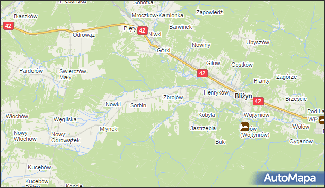 mapa Zbrojów gmina Bliżyn, Zbrojów gmina Bliżyn na mapie Targeo