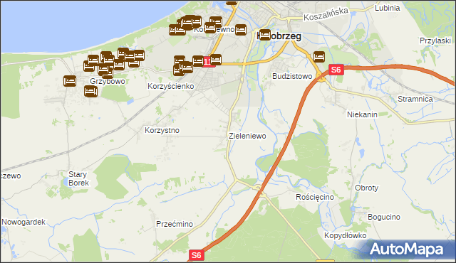 mapa Zieleniewo gmina Kołobrzeg, Zieleniewo gmina Kołobrzeg na mapie Targeo