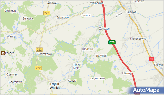 mapa Kłodawa gmina Trąbki Wielkie, Kłodawa gmina Trąbki Wielkie na mapie Targeo