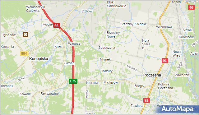 mapa Młynek gmina Poczesna, Młynek gmina Poczesna na mapie Targeo
