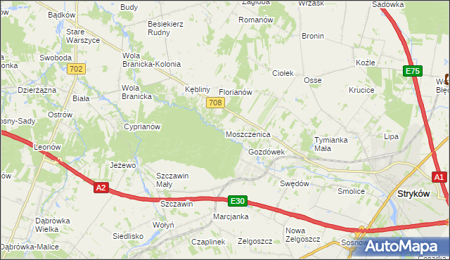 mapa Moszczenica gmina Zgierz, Moszczenica gmina Zgierz na mapie Targeo