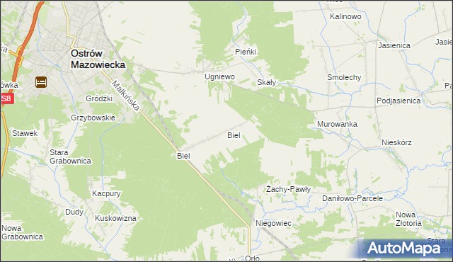 mapa Biel gmina Ostrów Mazowiecka, Biel gmina Ostrów Mazowiecka na mapie Targeo