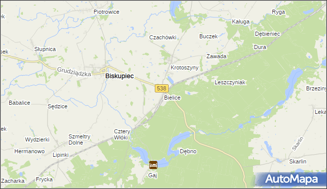 mapa Bielice gmina Biskupiec, Bielice gmina Biskupiec na mapie Targeo