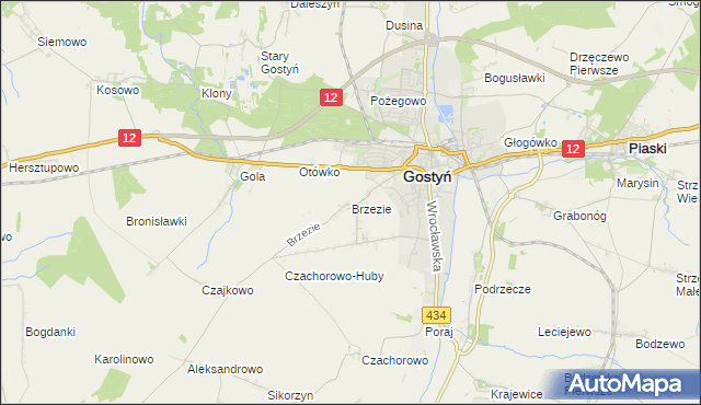 mapa Brzezie gmina Gostyń, Brzezie gmina Gostyń na mapie Targeo