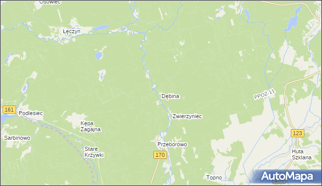 mapa Dębina gmina Krzyż Wielkopolski, Dębina gmina Krzyż Wielkopolski na mapie Targeo