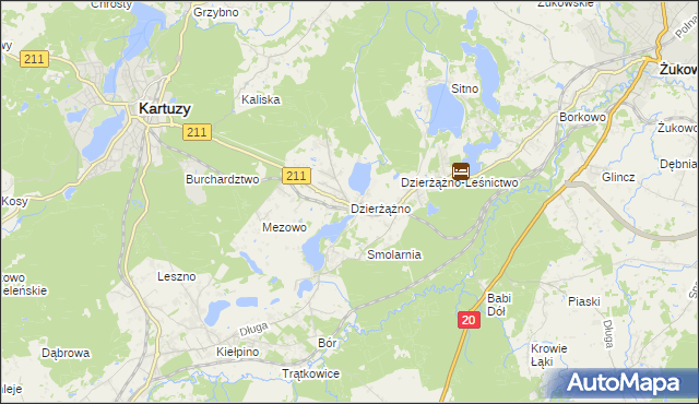 mapa Dzierżążno gmina Kartuzy, Dzierżążno gmina Kartuzy na mapie Targeo
