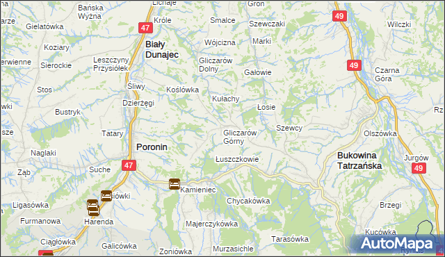 mapa Gliczarów Górny, Gliczarów Górny na mapie Targeo