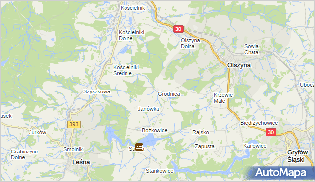 mapa Grodnica gmina Olszyna, Grodnica gmina Olszyna na mapie Targeo