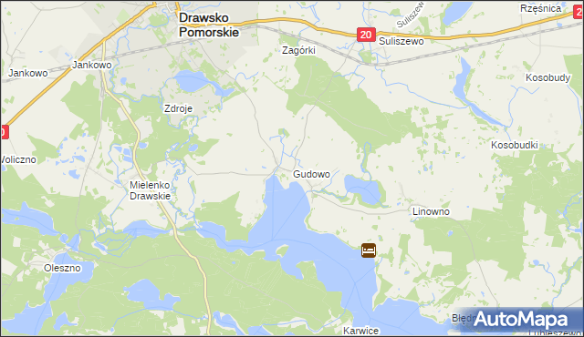 mapa Gudowo gmina Drawsko Pomorskie, Gudowo gmina Drawsko Pomorskie na mapie Targeo