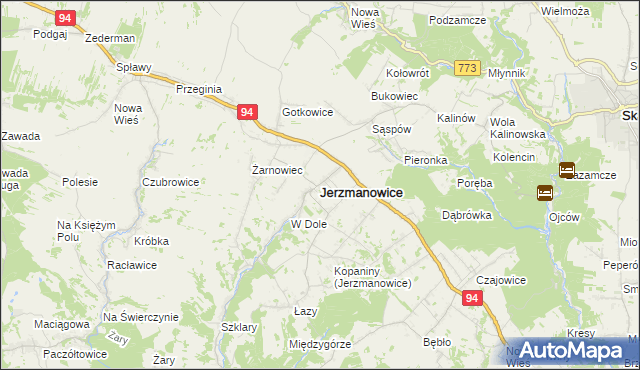 mapa Jerzmanowice gmina Jerzmanowice-Przeginia, Jerzmanowice gmina Jerzmanowice-Przeginia na mapie Targeo