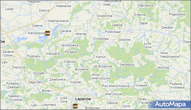 mapa Kamyk gmina Łapanów, Kamyk gmina Łapanów na mapie Targeo