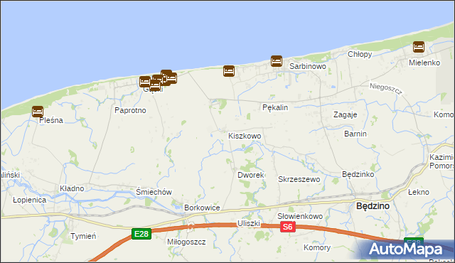 mapa Kiszkowo gmina Będzino, Kiszkowo gmina Będzino na mapie Targeo