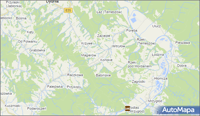 mapa Końskie gmina Dydnia, Końskie gmina Dydnia na mapie Targeo