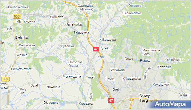 mapa Lasek gmina Nowy Targ, Lasek gmina Nowy Targ na mapie Targeo