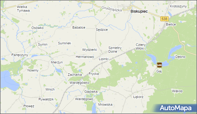 mapa Lipinki gmina Biskupiec, Lipinki gmina Biskupiec na mapie Targeo
