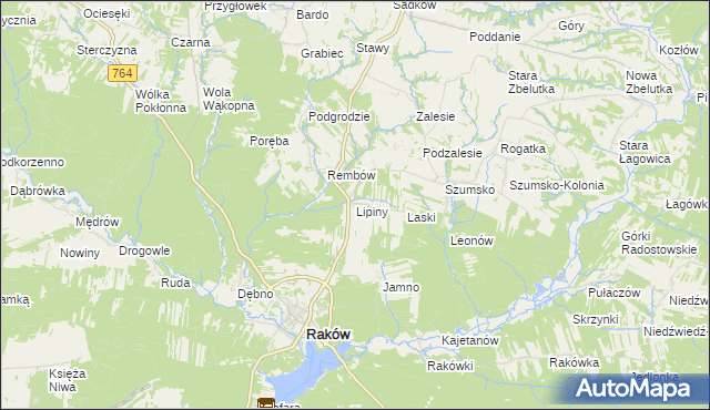 mapa Lipiny gmina Raków, Lipiny gmina Raków na mapie Targeo