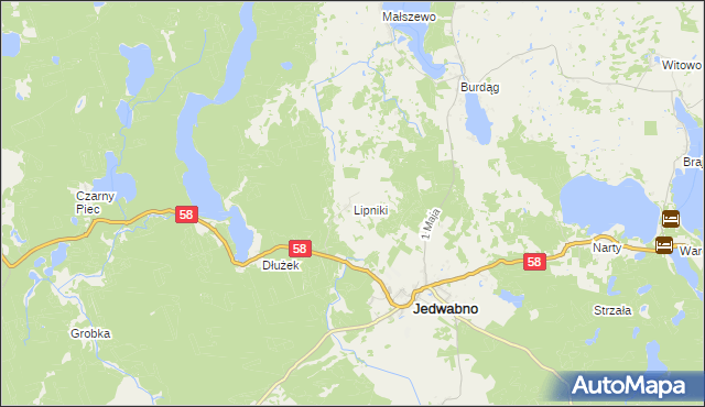 mapa Lipniki gmina Jedwabno, Lipniki gmina Jedwabno na mapie Targeo