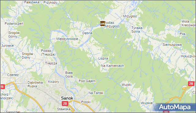 mapa Liszna gmina Sanok, Liszna gmina Sanok na mapie Targeo