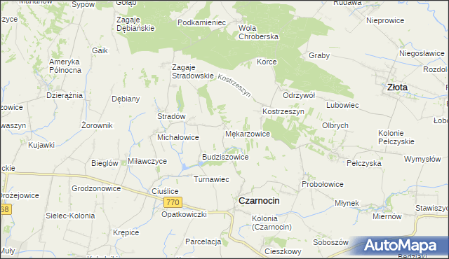 mapa Mękarzowice gmina Czarnocin, Mękarzowice gmina Czarnocin na mapie Targeo