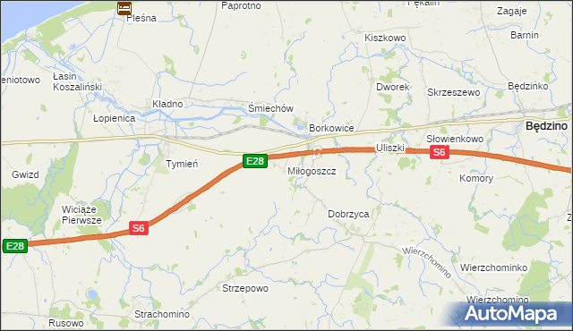 mapa Miłogoszcz gmina Będzino, Miłogoszcz gmina Będzino na mapie Targeo