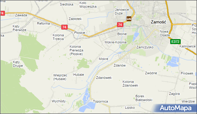 mapa Mokre gmina Zamość, Mokre gmina Zamość na mapie Targeo