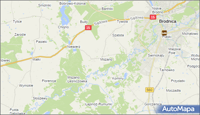 mapa Mszano gmina Brodnica, Mszano gmina Brodnica na mapie Targeo