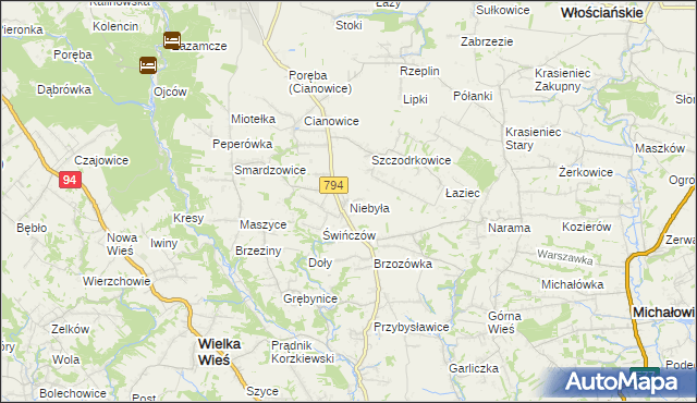 mapa Niebyła gmina Skała, Niebyła gmina Skała na mapie Targeo