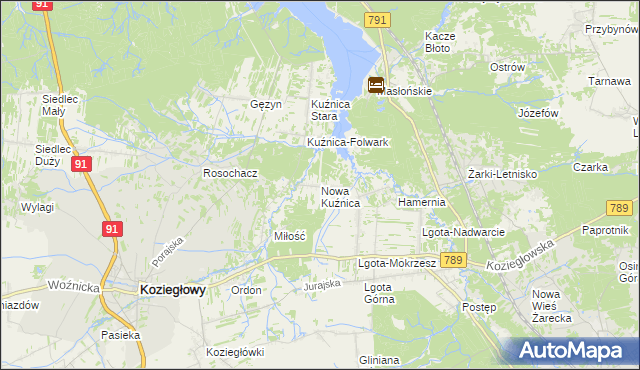 mapa Nowa Kuźnica gmina Koziegłowy, Nowa Kuźnica gmina Koziegłowy na mapie Targeo