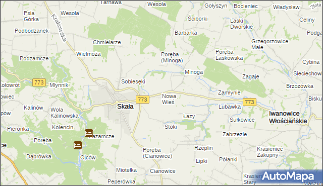 mapa Nowa Wieś gmina Skała, Nowa Wieś gmina Skała na mapie Targeo