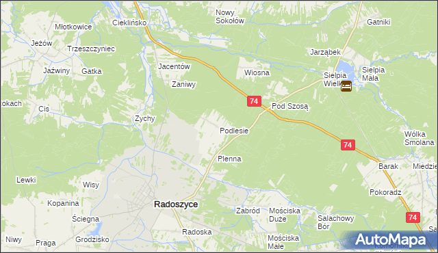 mapa Podlesie gmina Radoszyce, Podlesie gmina Radoszyce na mapie Targeo