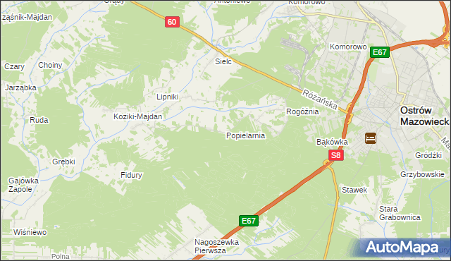 mapa Popielarnia gmina Ostrów Mazowiecka, Popielarnia gmina Ostrów Mazowiecka na mapie Targeo