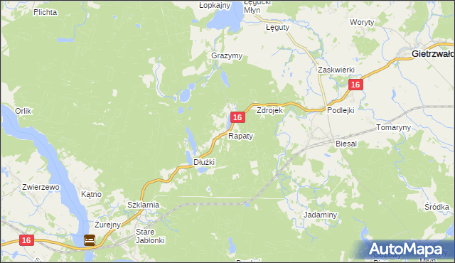 mapa Rapaty gmina Gietrzwałd, Rapaty gmina Gietrzwałd na mapie Targeo