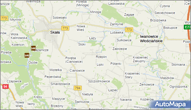 mapa Rzeplin gmina Skała, Rzeplin gmina Skała na mapie Targeo