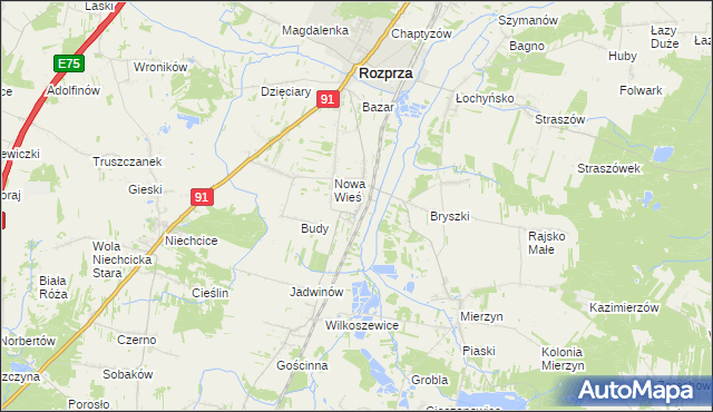 mapa Stara Wieś gmina Rozprza, Stara Wieś gmina Rozprza na mapie Targeo