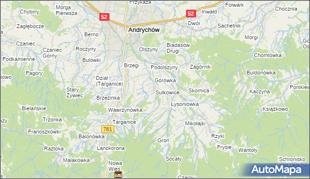 mapa Sułkowice gmina Andrychów, Sułkowice gmina Andrychów na mapie Targeo