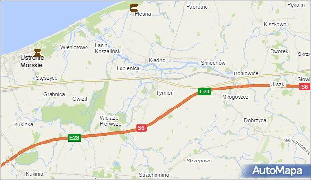mapa Tymień gmina Będzino, Tymień gmina Będzino na mapie Targeo
